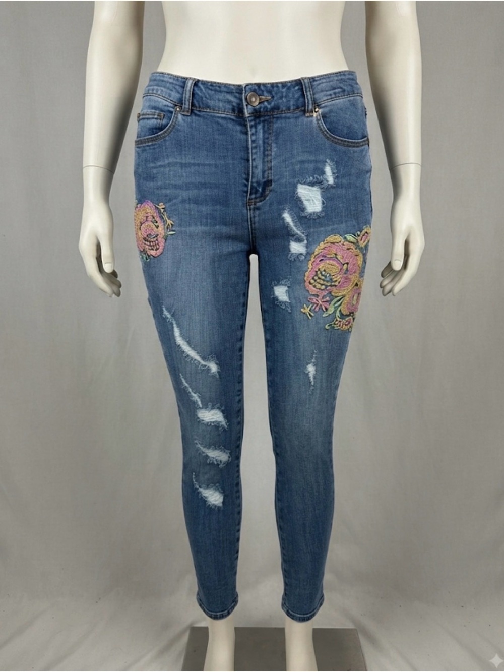 Denim 24/7 Blue Skinny Jeans with Pink & Gold Floral Embroidery